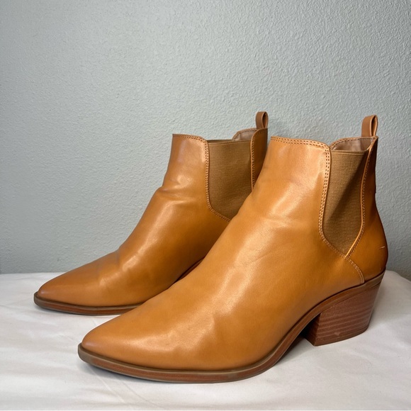 Tan Pointed Toe Chelsea Ankle Boots Faux Leather Block Heel Booties Size 9 - Picture 5 of 13